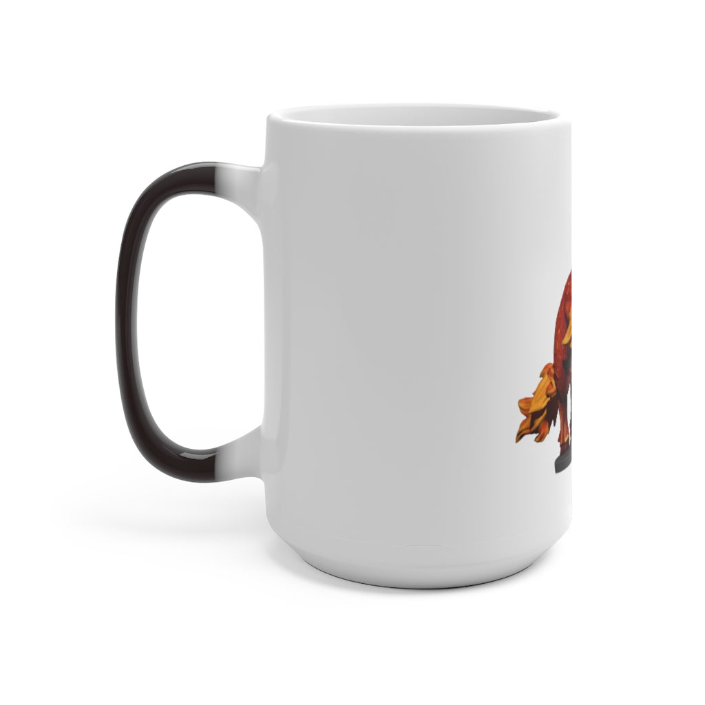 Fire Bull Color Changing Mug showcasing vibrant colors when filled with hot liquid, featuring a C-handle and rounded corners.