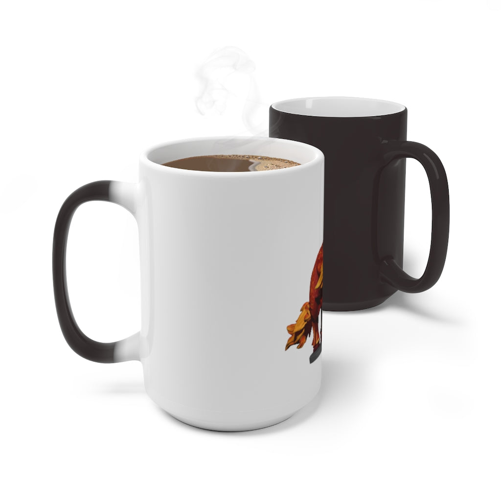 Fire Bull Color Changing Mug showcasing vibrant colors when filled with hot liquid, featuring a C-handle and rounded corners.