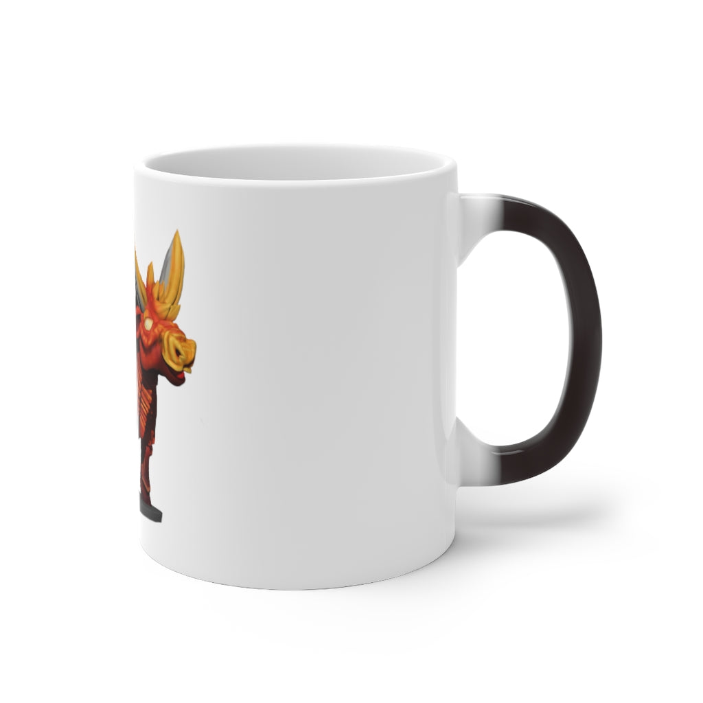 Fire Bull Color Changing Mug showcasing vibrant colors when filled with hot liquid, featuring a C-handle and rounded corners.