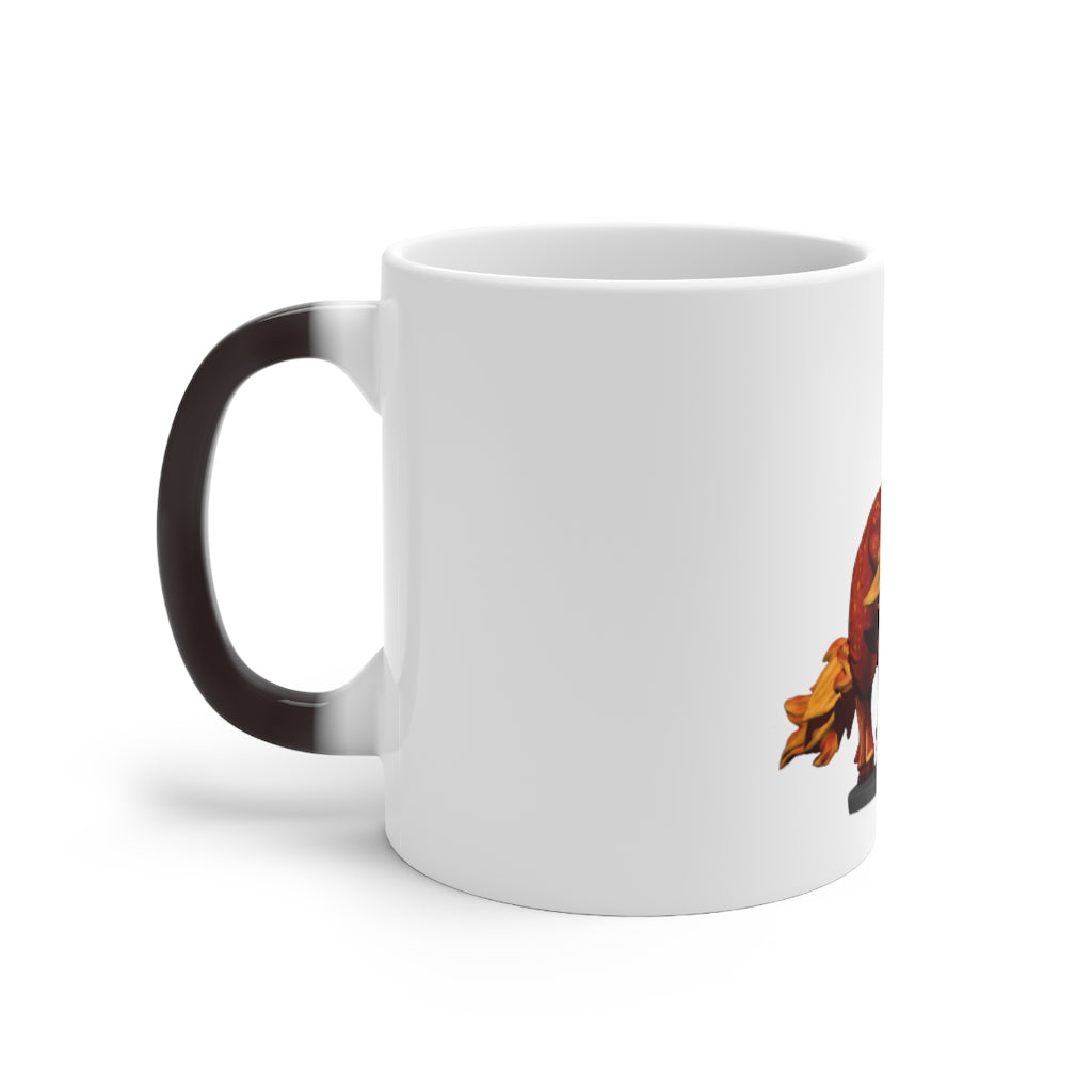 Fire Bull Color Changing Mug showcasing vibrant colors when filled with hot liquid, featuring a C-handle and rounded corners.