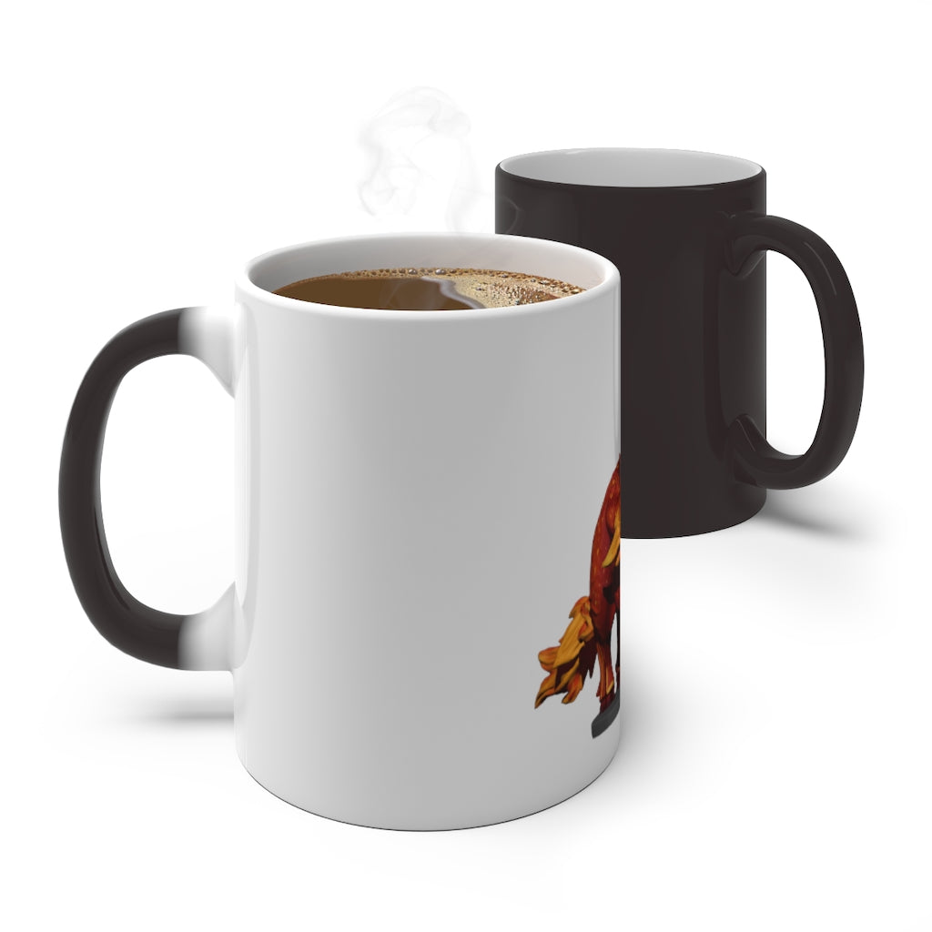 Fire Bull Color Changing Mug showcasing vibrant colors when filled with hot liquid, featuring a C-handle and rounded corners.