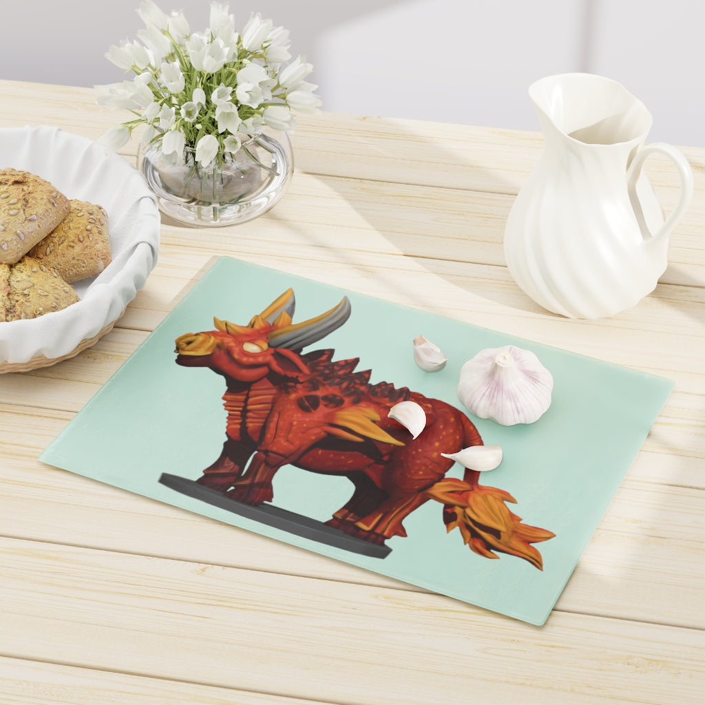 Fire Bull Cutting Board made of tempered glass with rubber dots for stability, showcasing a stylish design suitable for any kitchen.