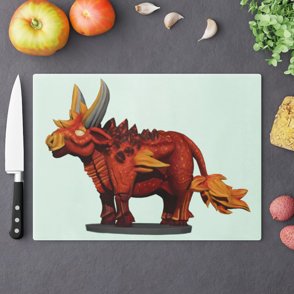 Fire Bull Cutting Board made of tempered glass with rubber dots for stability, showcasing a stylish design suitable for any kitchen.