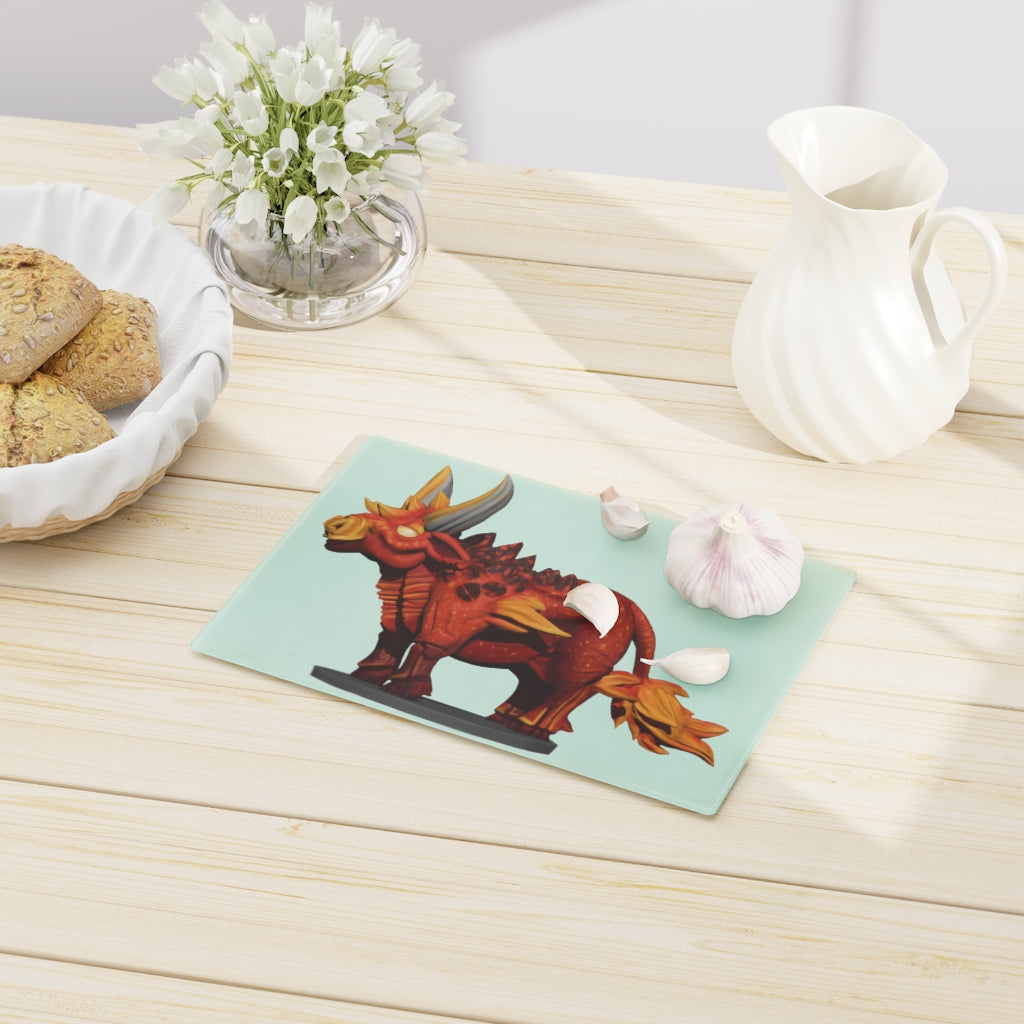 Fire Bull Cutting Board made of tempered glass with rubber dots for stability, showcasing a stylish design suitable for any kitchen.