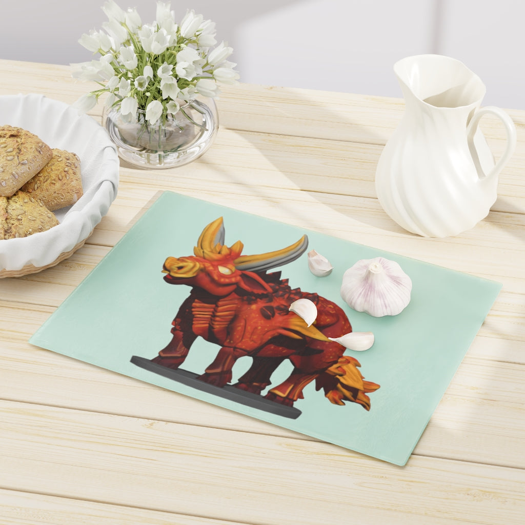 Fire Bull Cutting Board made of tempered glass with rubber dots for stability, showcasing a unique design suitable for any kitchen.