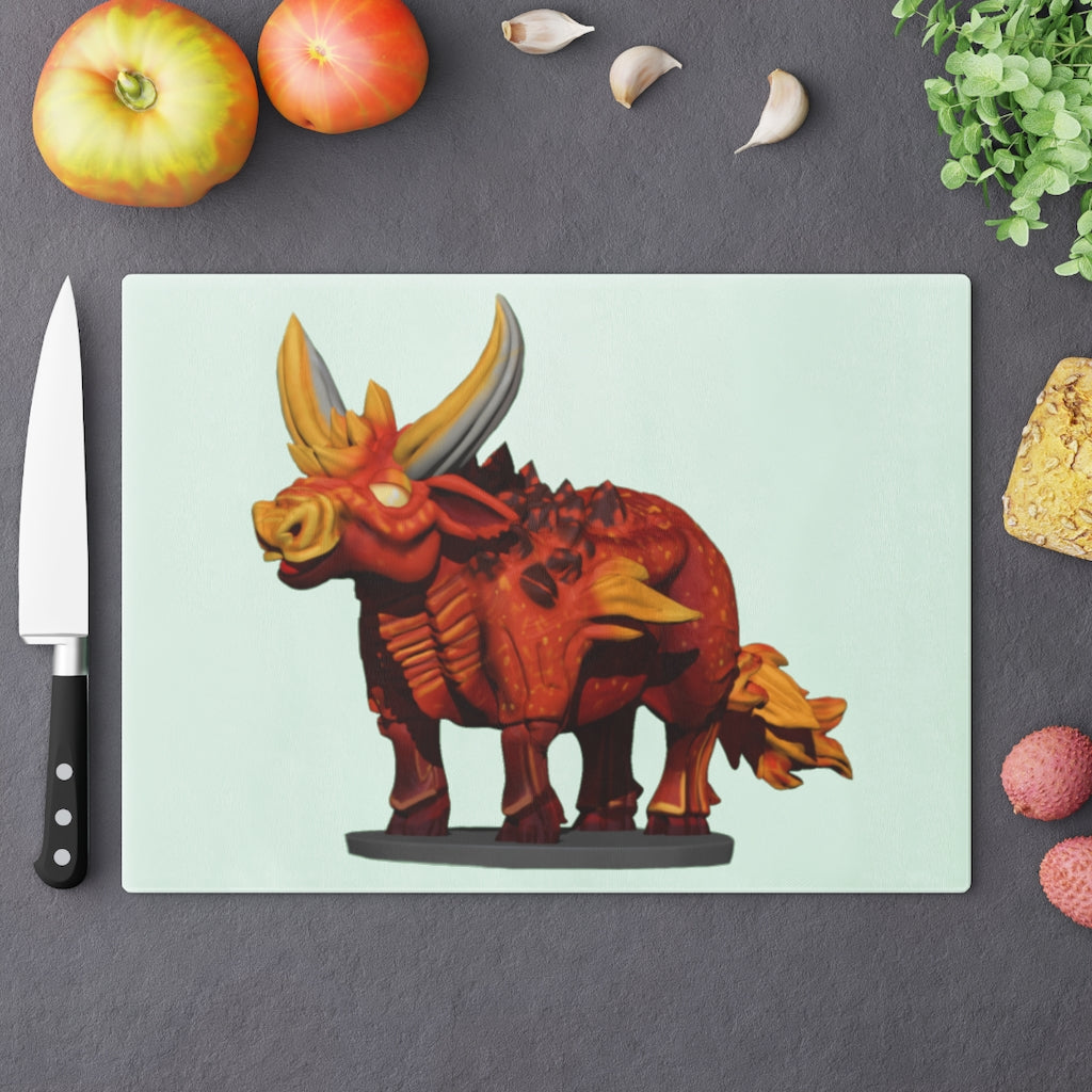 Fire Bull Cutting Board made of tempered glass with rubber dots for stability, showcasing a unique design suitable for any kitchen.