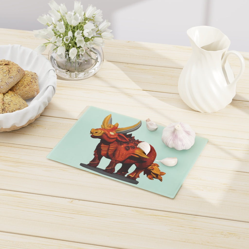 Fire Bull Cutting Board made of tempered glass with rubber dots for stability, showcasing a unique design suitable for any kitchen.