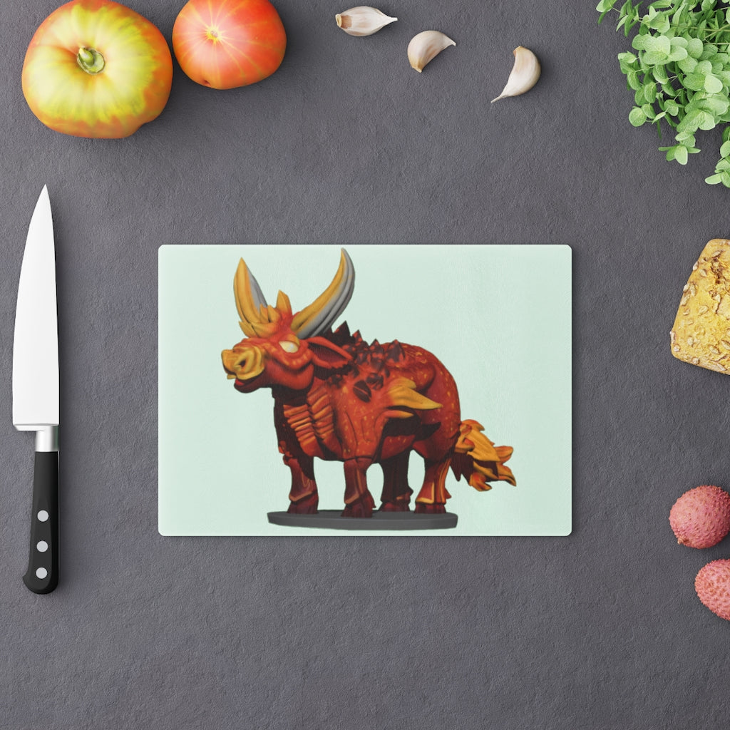 Fire Bull Cutting Board made of tempered glass with rubber dots for stability, showcasing a unique design suitable for any kitchen.