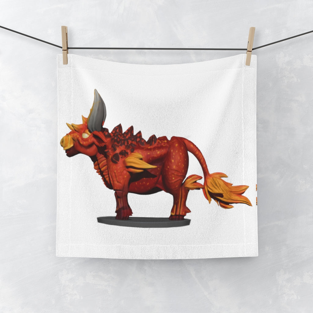 Fire Bull Face Towel featuring a vibrant polyester front and soft cotton back, ideal for customization.