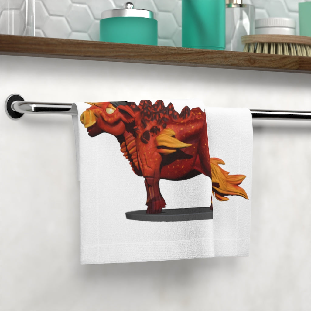 Fire Bull Face Towel featuring a vibrant polyester front and soft cotton back, ideal for customization.