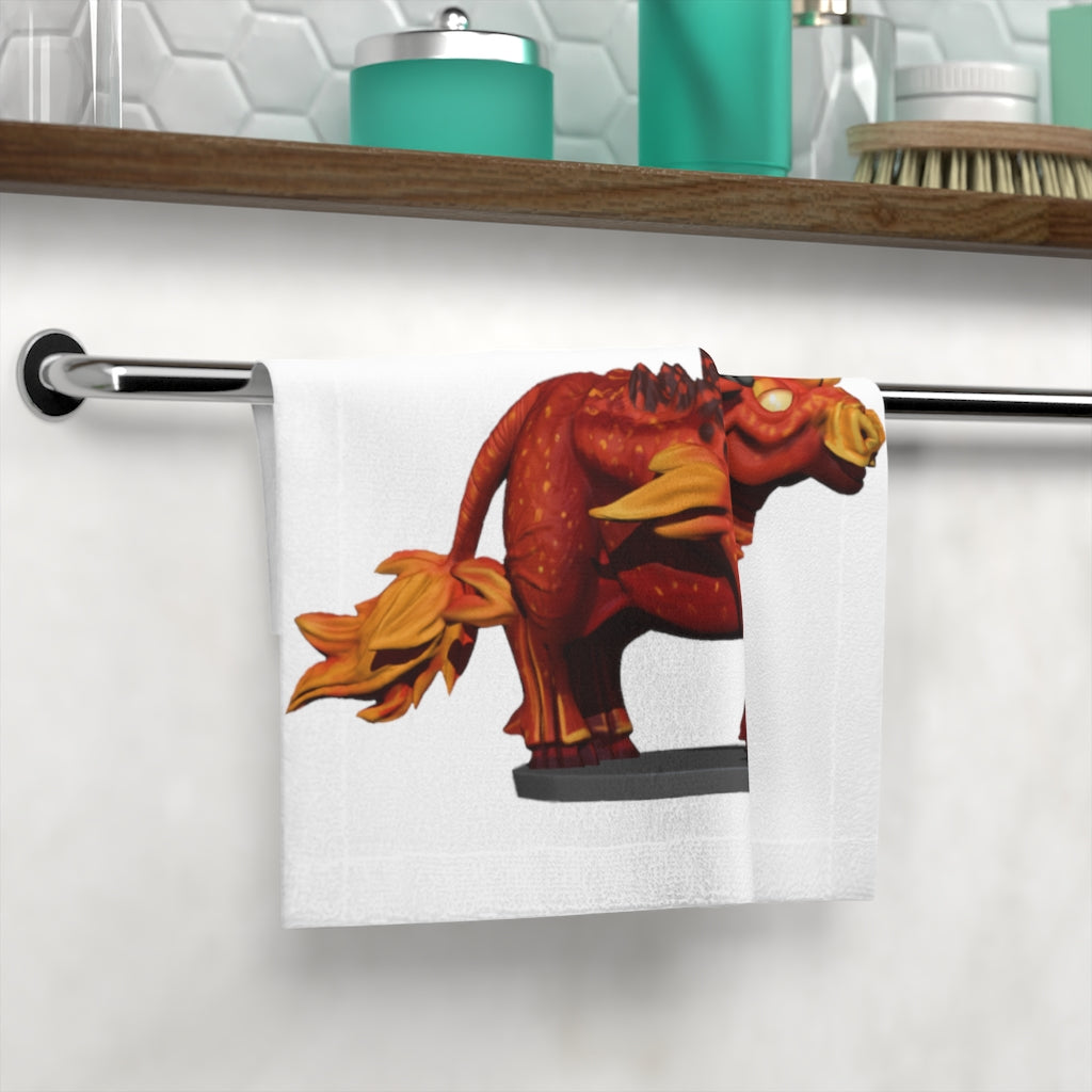 Fire Bull Face Towel featuring a vibrant polyester front and soft cotton back, ideal for customization.