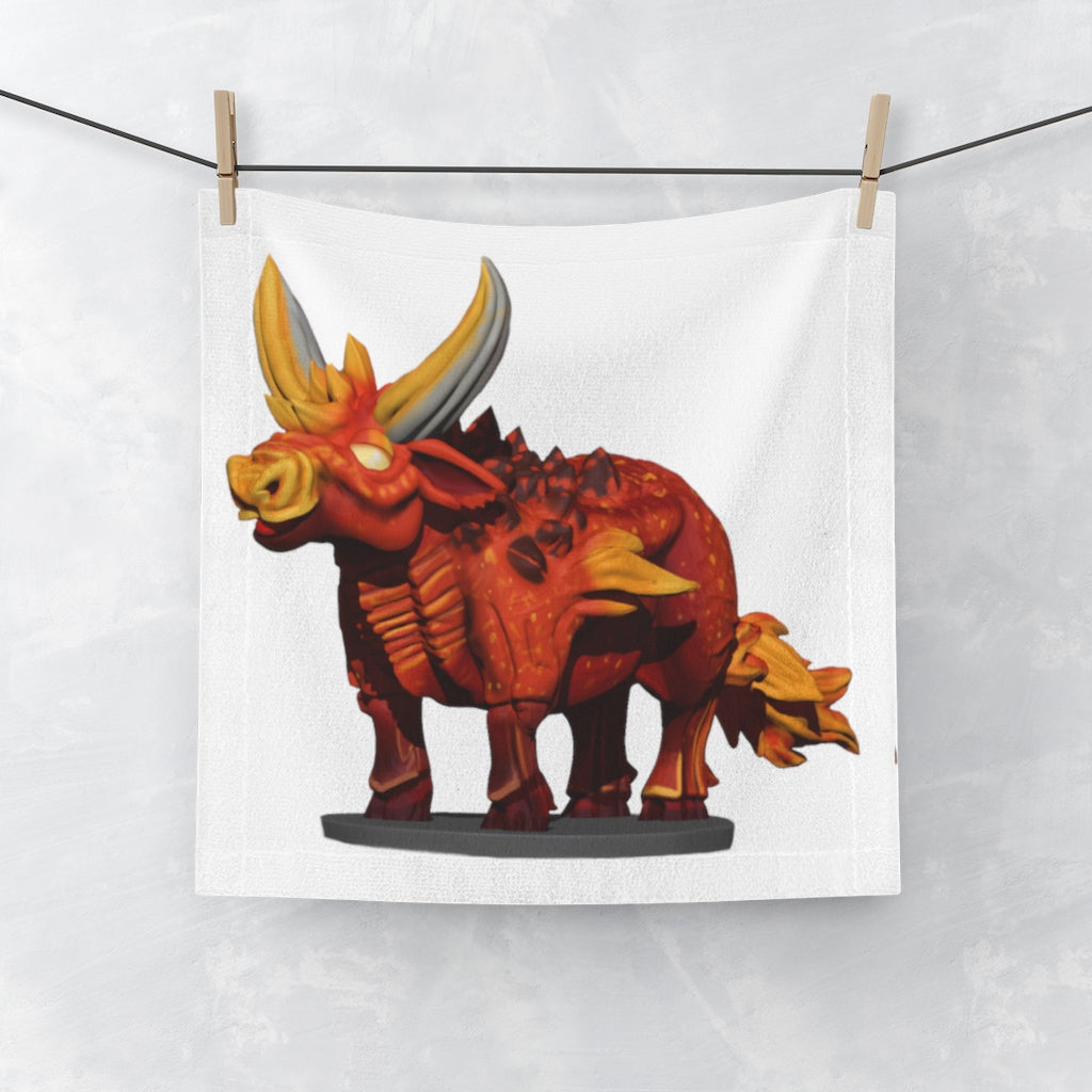 Fire Bull Face Towel featuring a vibrant polyester front and soft cotton back, ideal for customization.