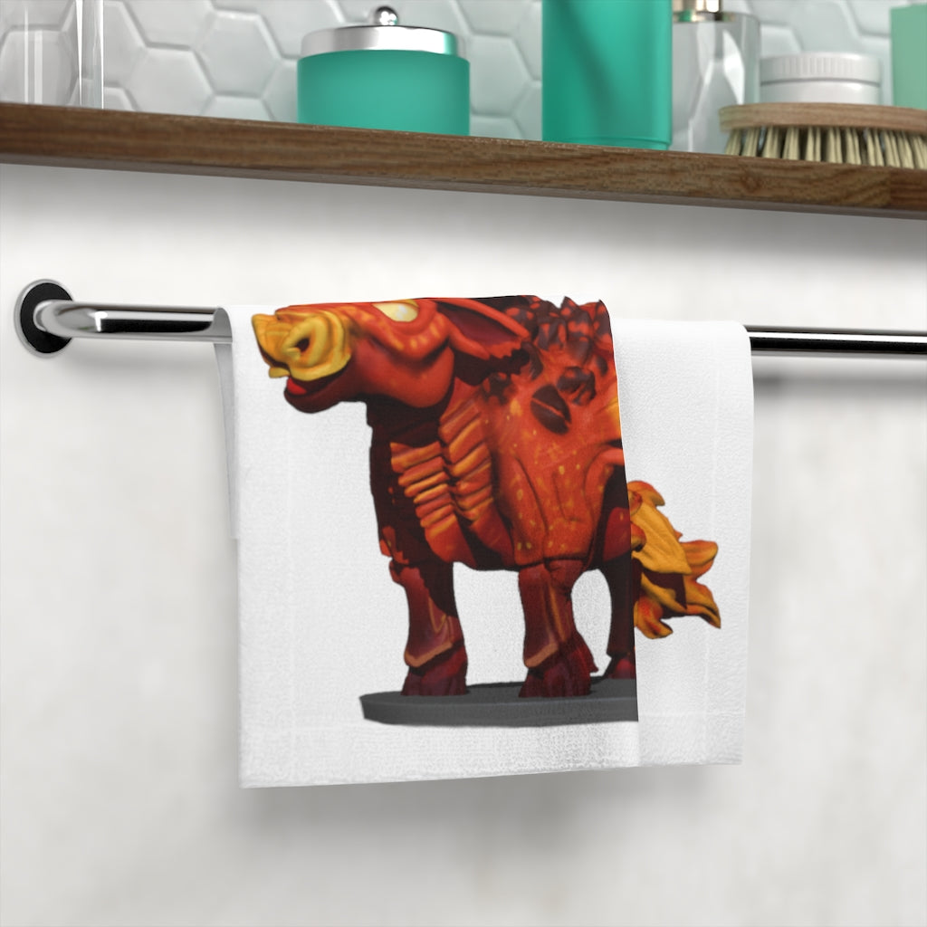 Fire Bull Face Towel featuring a vibrant polyester front and soft cotton back, ideal for customization.