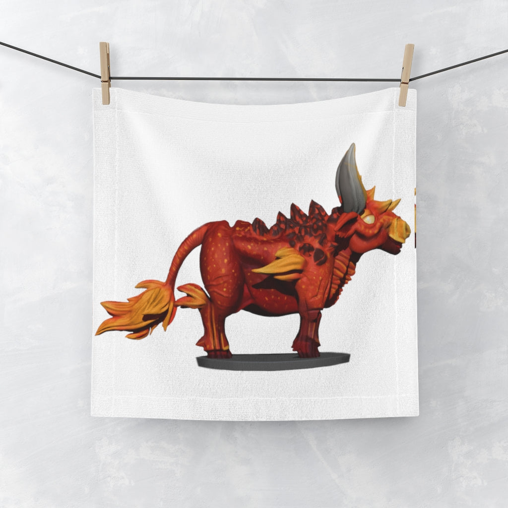 Fire Bull Face Towel featuring a vibrant custom design on a soft polyester front and absorbent cotton back, ideal for bathroom use.