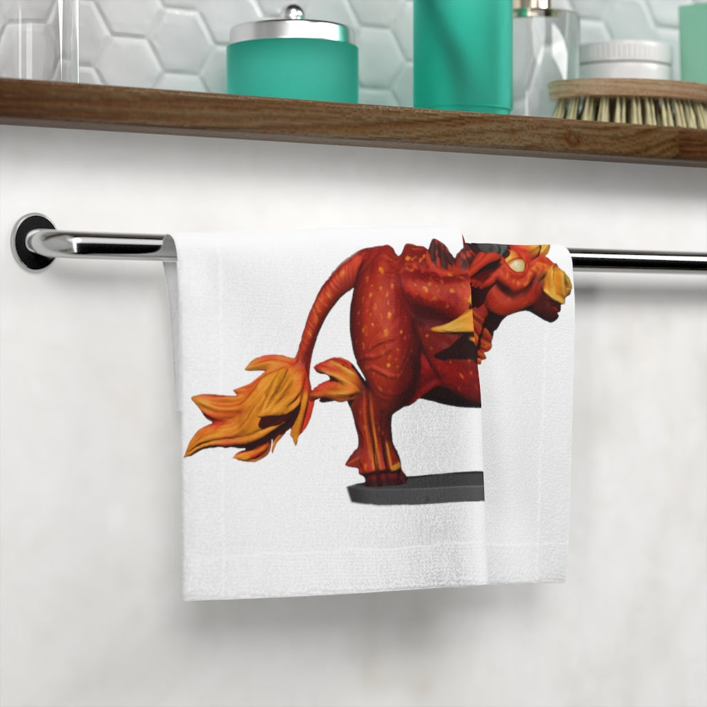 Fire Bull Face Towel featuring a vibrant custom design on a soft polyester front and absorbent cotton back, ideal for bathroom use.