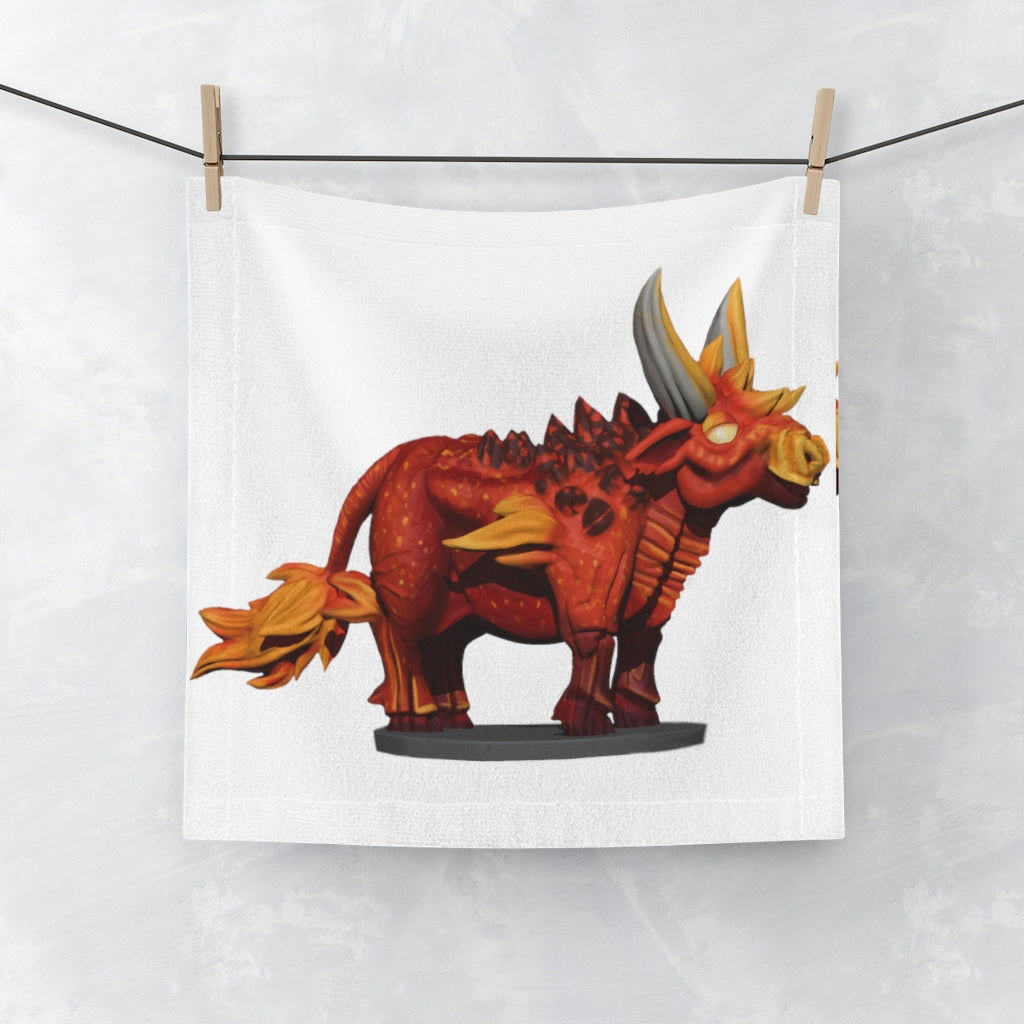 Fire Bull Face Towel featuring a vibrant polyester front and soft cotton back, ideal for customization.