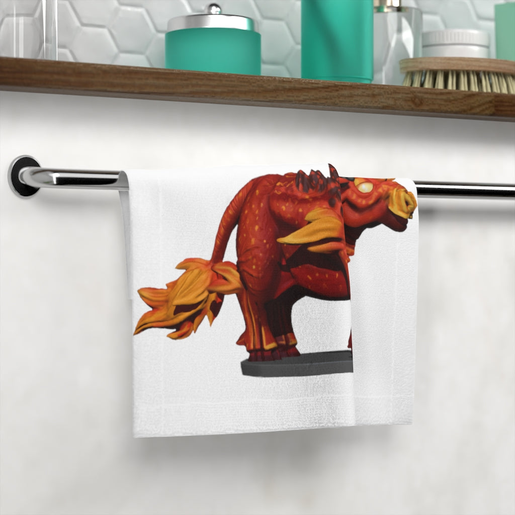 Fire Bull Face Towel featuring a vibrant polyester front and soft cotton back, ideal for customization.