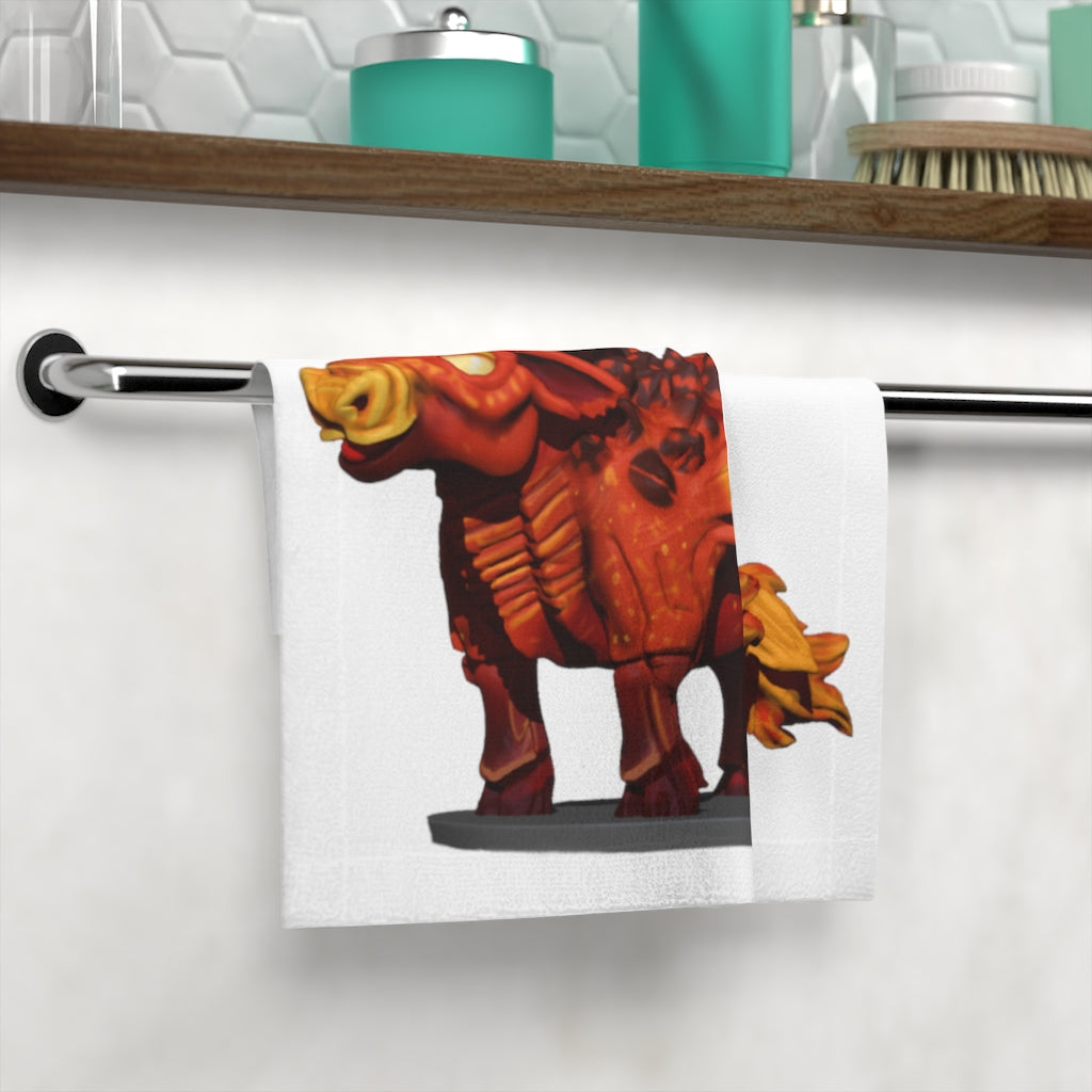 Fire Bull Face Towel featuring a customizable polyester front and soft cotton back, ideal for bathroom use.