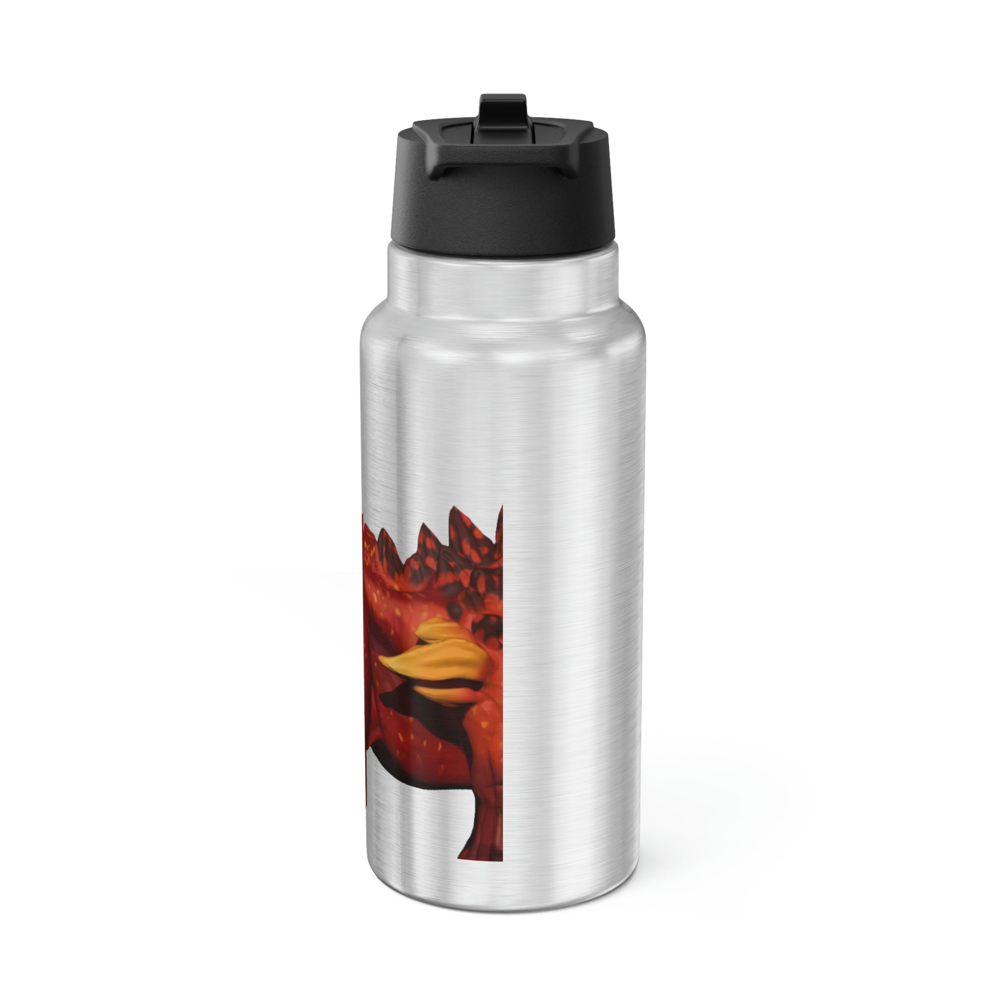 Fire Bull Gator Tumbler, 32oz, stainless steel with a black screw-on cap and plastic straw, customizable design.