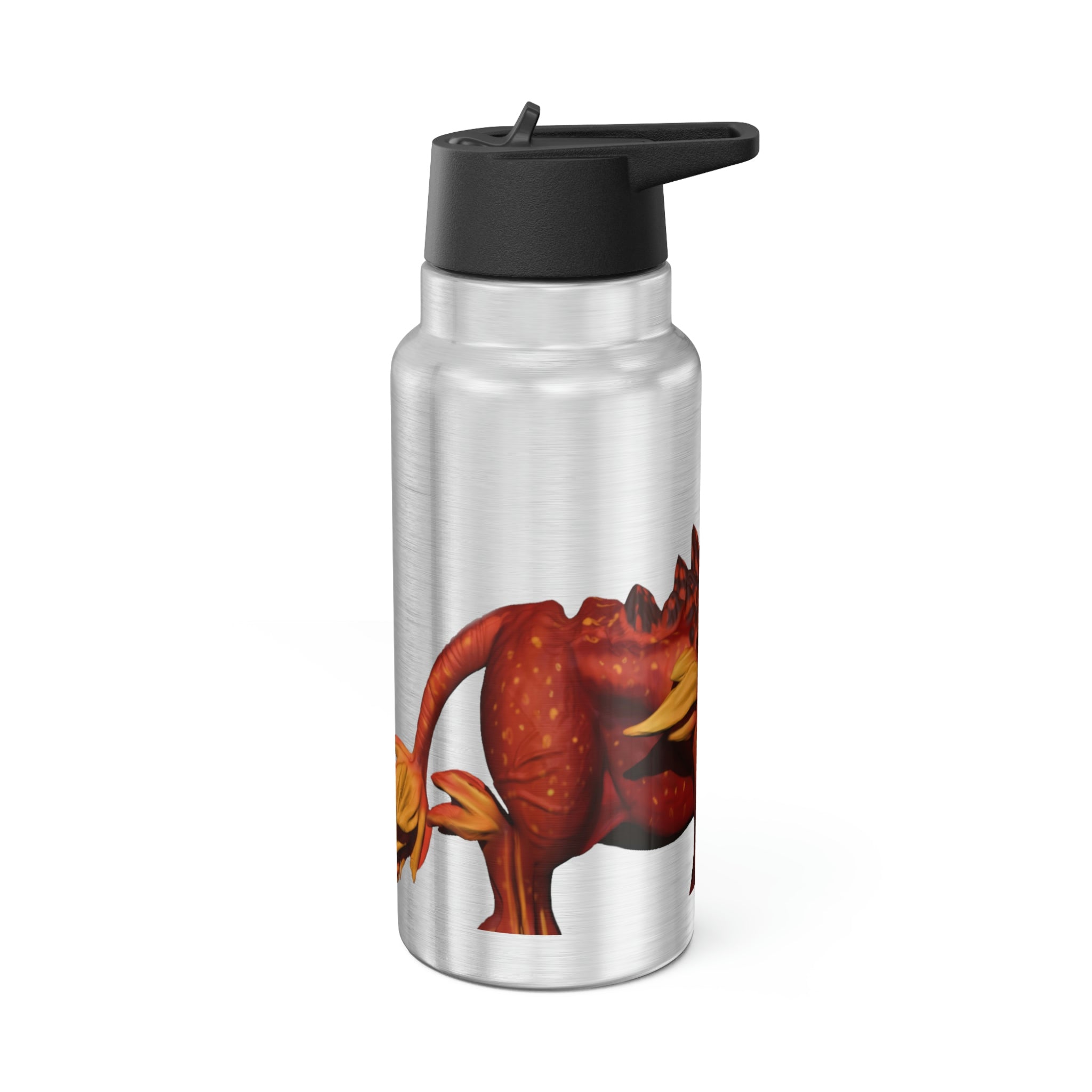 Fire Bull Gator Tumbler, 32oz, stainless steel with a black screw-on cap and plastic straw, customizable design.