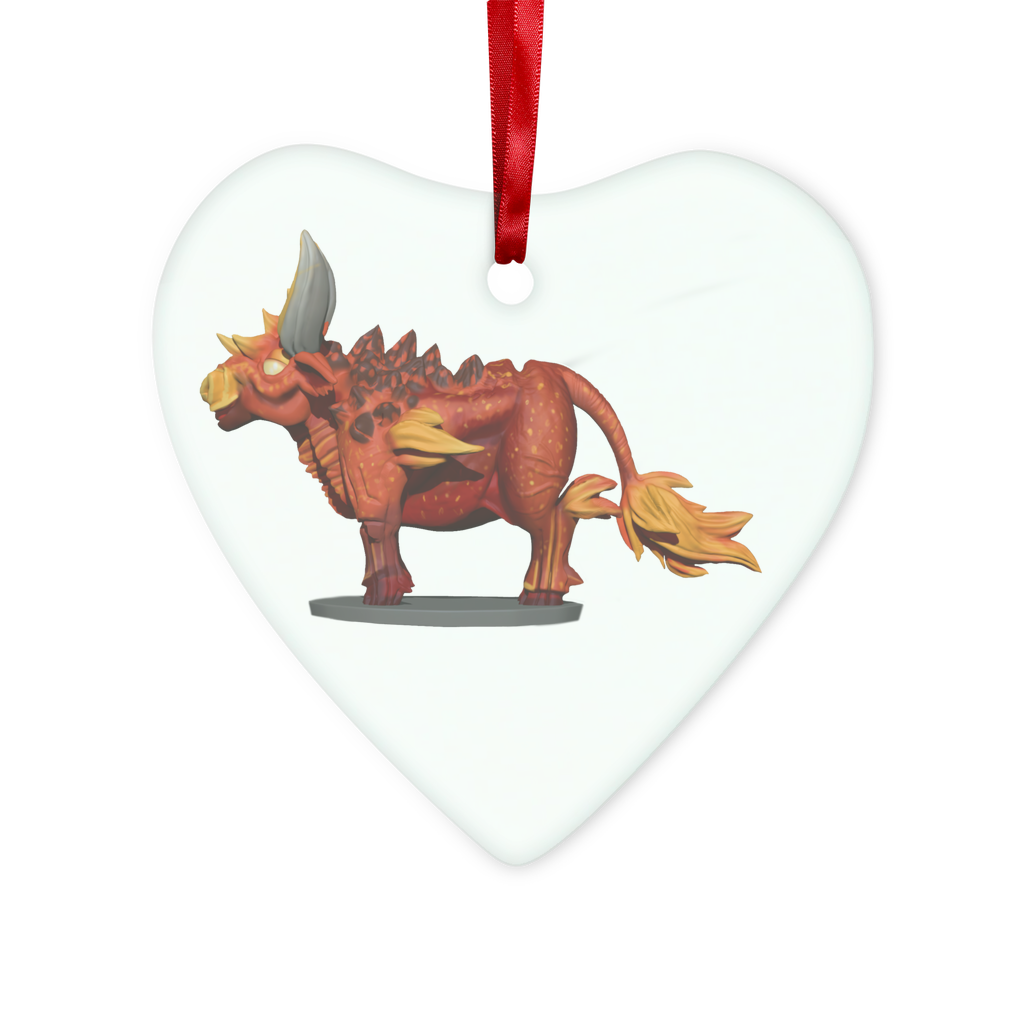 Fire Bull Glass Hanging Ornament in round and heart shapes, beautifully designed with a red ribbon and gold string, perfect for Christmas decoration.