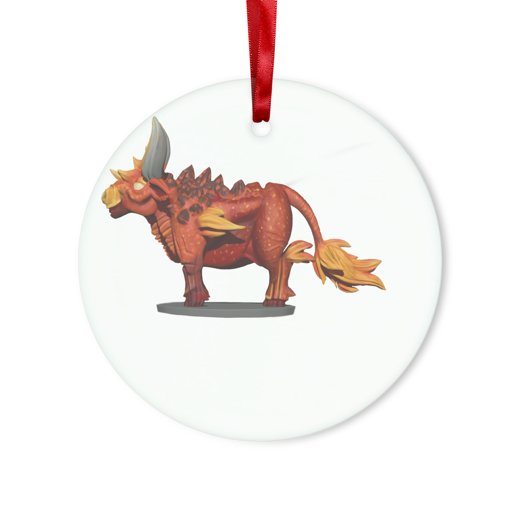 Fire Bull Glass Hanging Ornament in round and heart shapes, beautifully designed with a red ribbon and gold string, perfect for Christmas decoration.