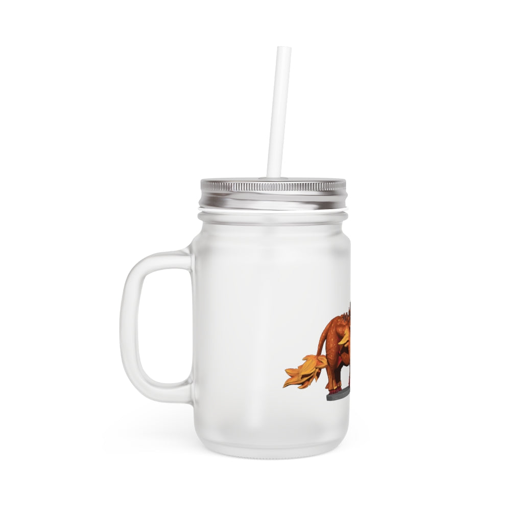 Fire Bull Mason Jar made of frosted glass with a straw and lid, perfect for personalized beverages.