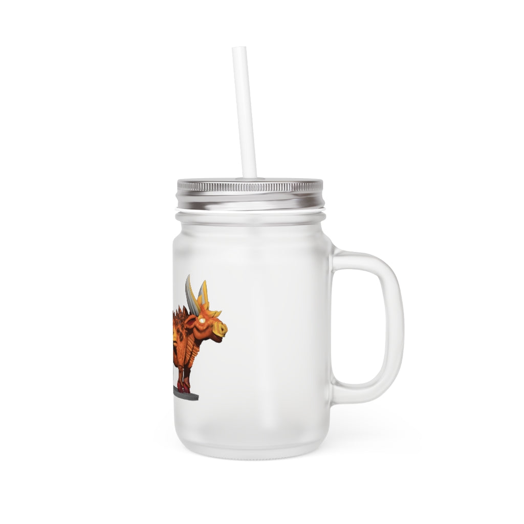 Fire Bull Mason Jar made of frosted glass with a straw and lid, perfect for personalized beverages.