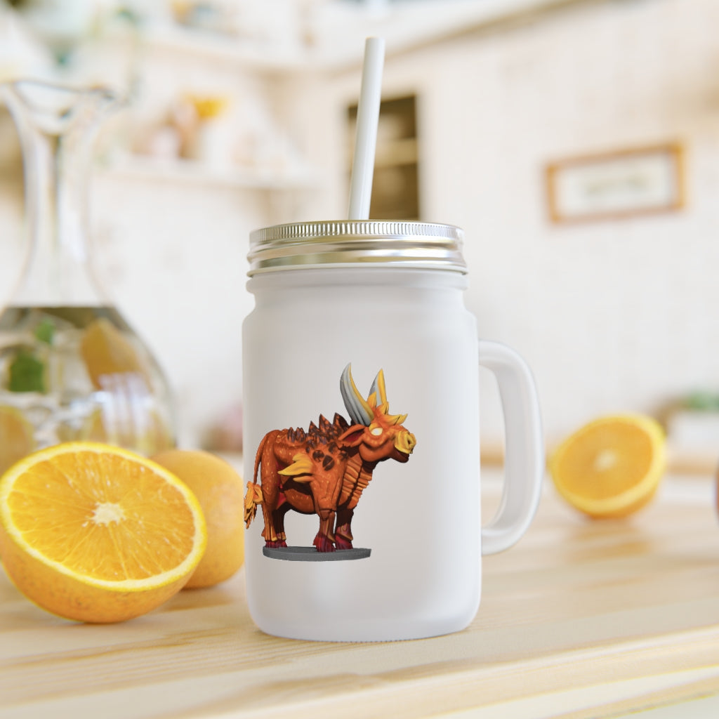 Fire Bull Mason Jar made of frosted glass with a straw and lid, perfect for personalized beverages.