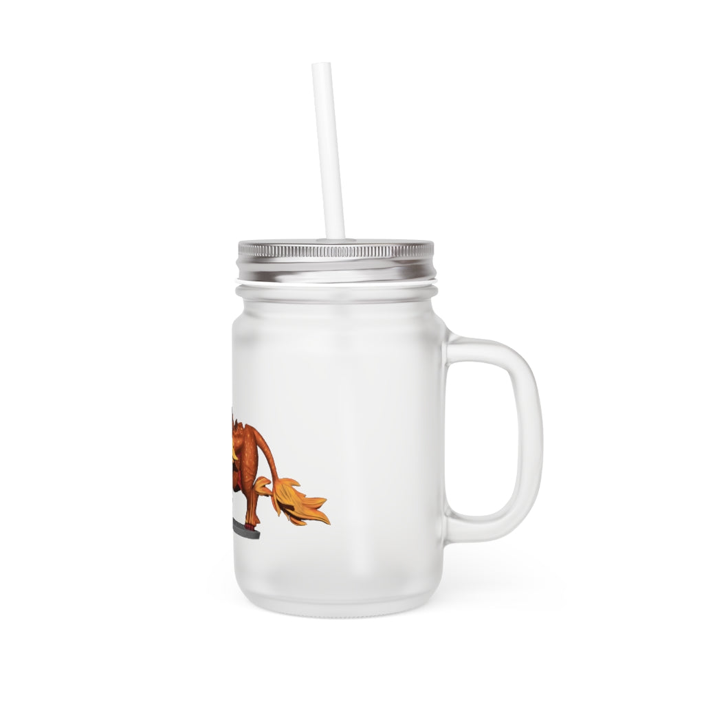 Fire Bull Mason Jar made of frosted glass with a straw and lid, perfect for personalized drinks.