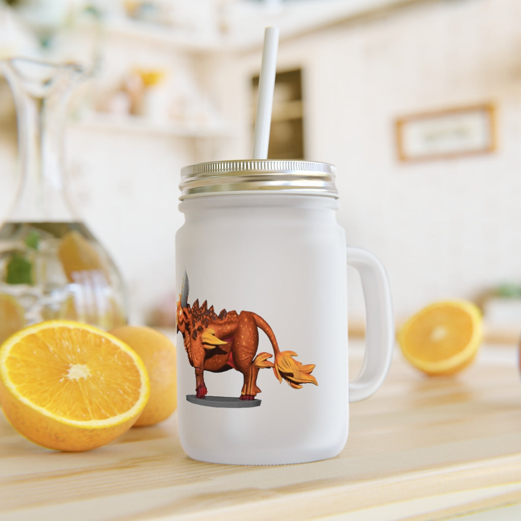 Fire Bull Mason Jar made of frosted glass with a straw and lid, perfect for personalized drinks.