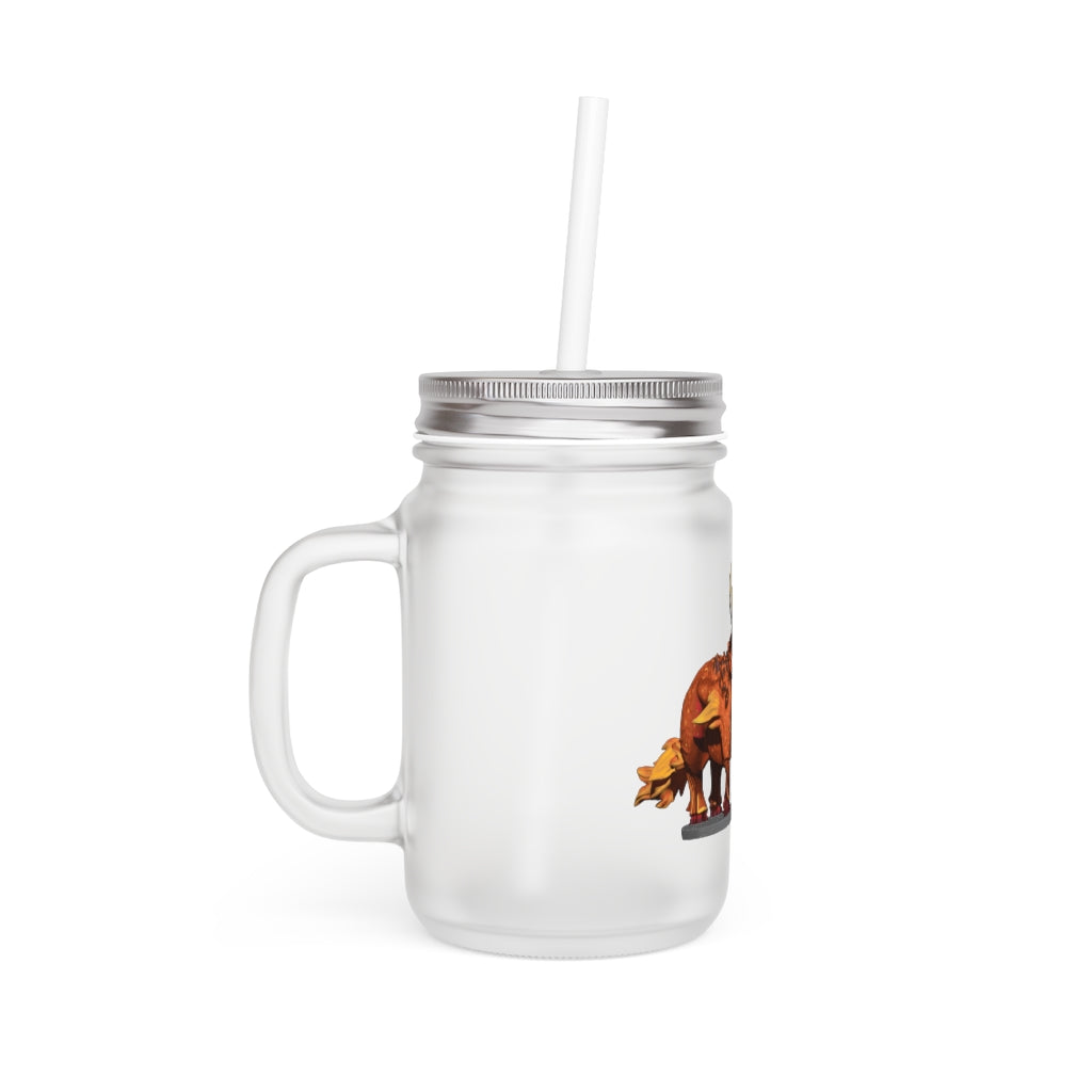 Fire Bull Mason Jar made of frosted glass, featuring a straw and lid, perfect for personalized drinks.