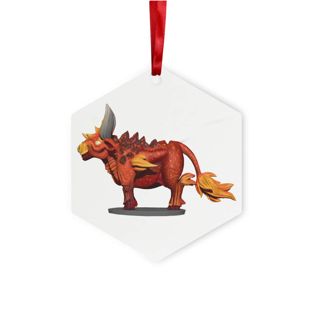 Fire Bull Metal Hanging Ornament in hexagon and star shapes, featuring a glossy white finish and red ribbon for hanging.