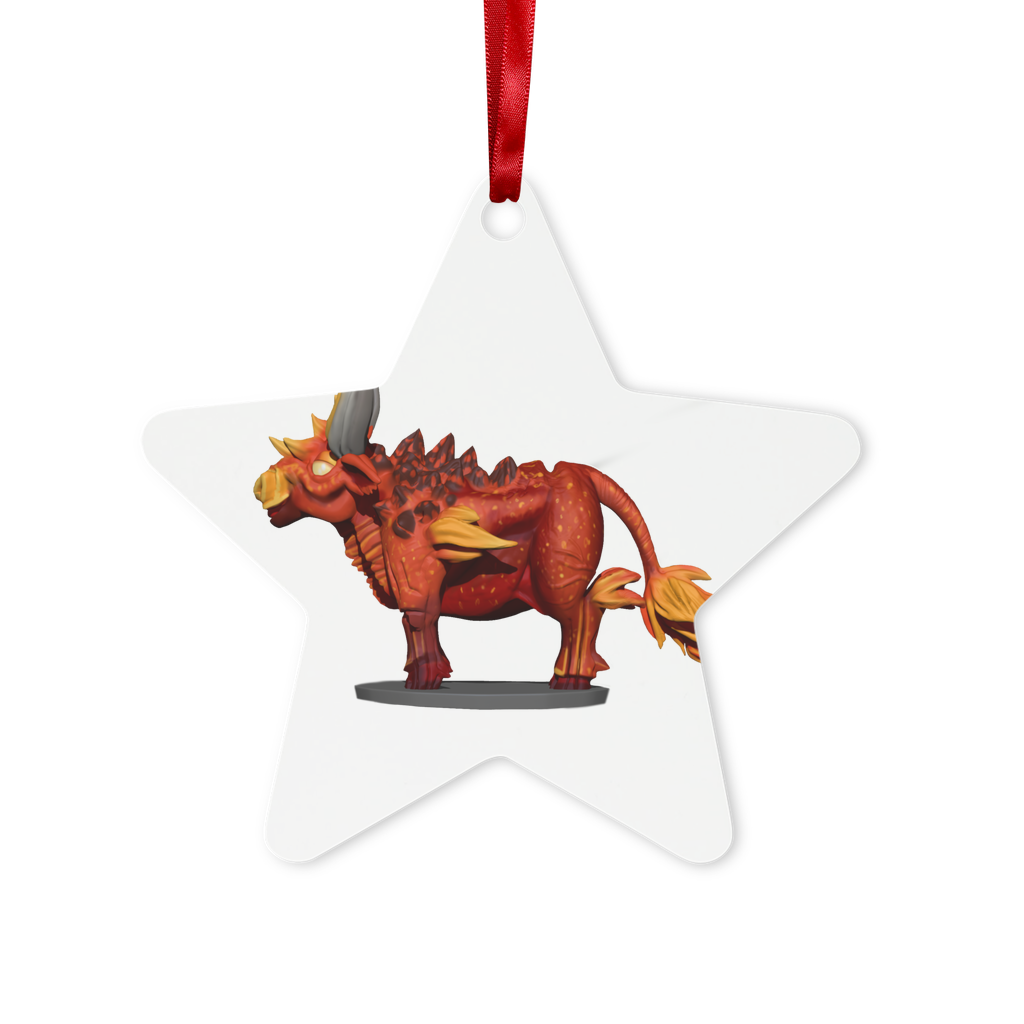 Fire Bull Metal Hanging Ornament in hexagon and star shapes, featuring a glossy white finish and red ribbon for hanging.