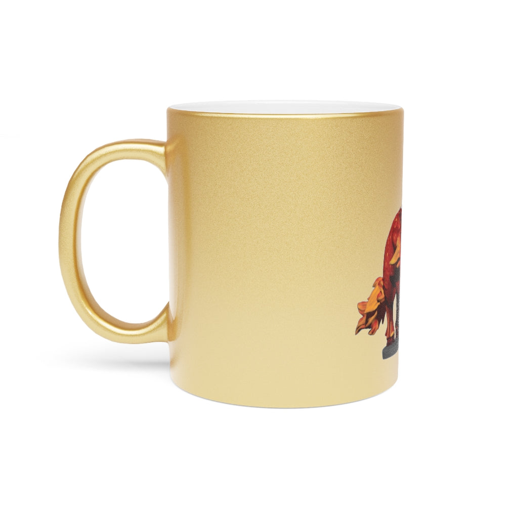 Fire Bull Metallic Mug in Silver and Gold finishes, showcasing a personalized design option.