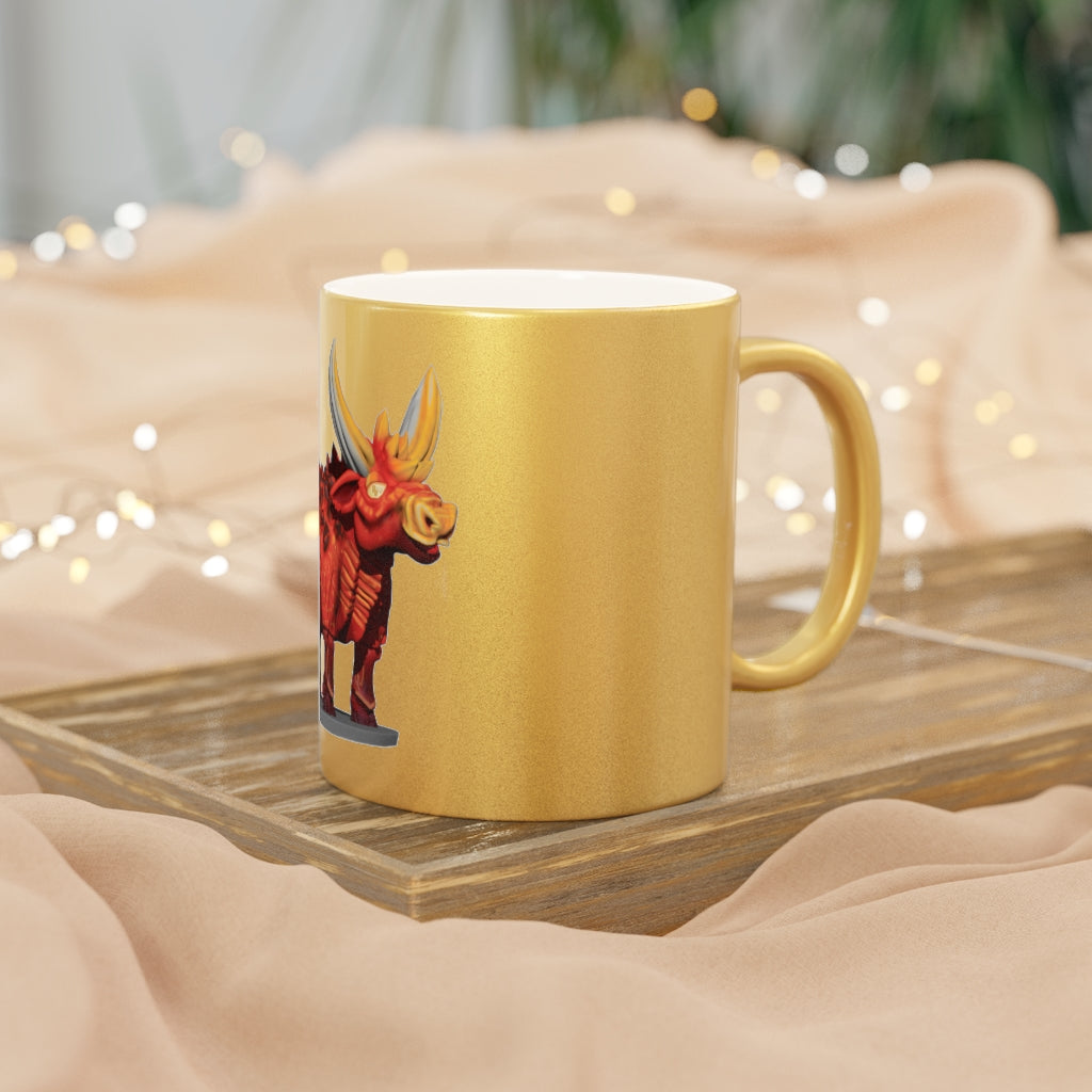 Fire Bull Metallic Mug in Silver and Gold finishes, showcasing a personalized design option.