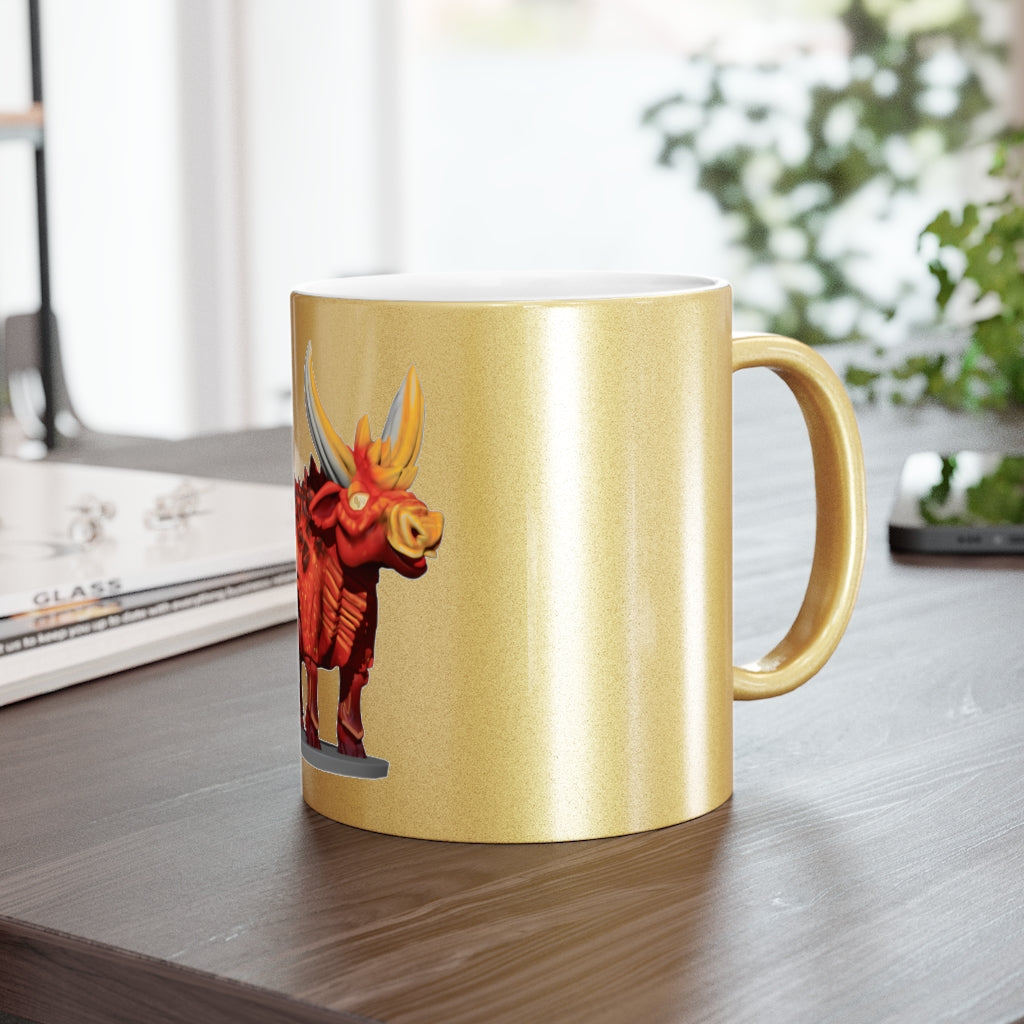 Fire Bull Metallic Mug in Silver and Gold finishes, showcasing a personalized design option.