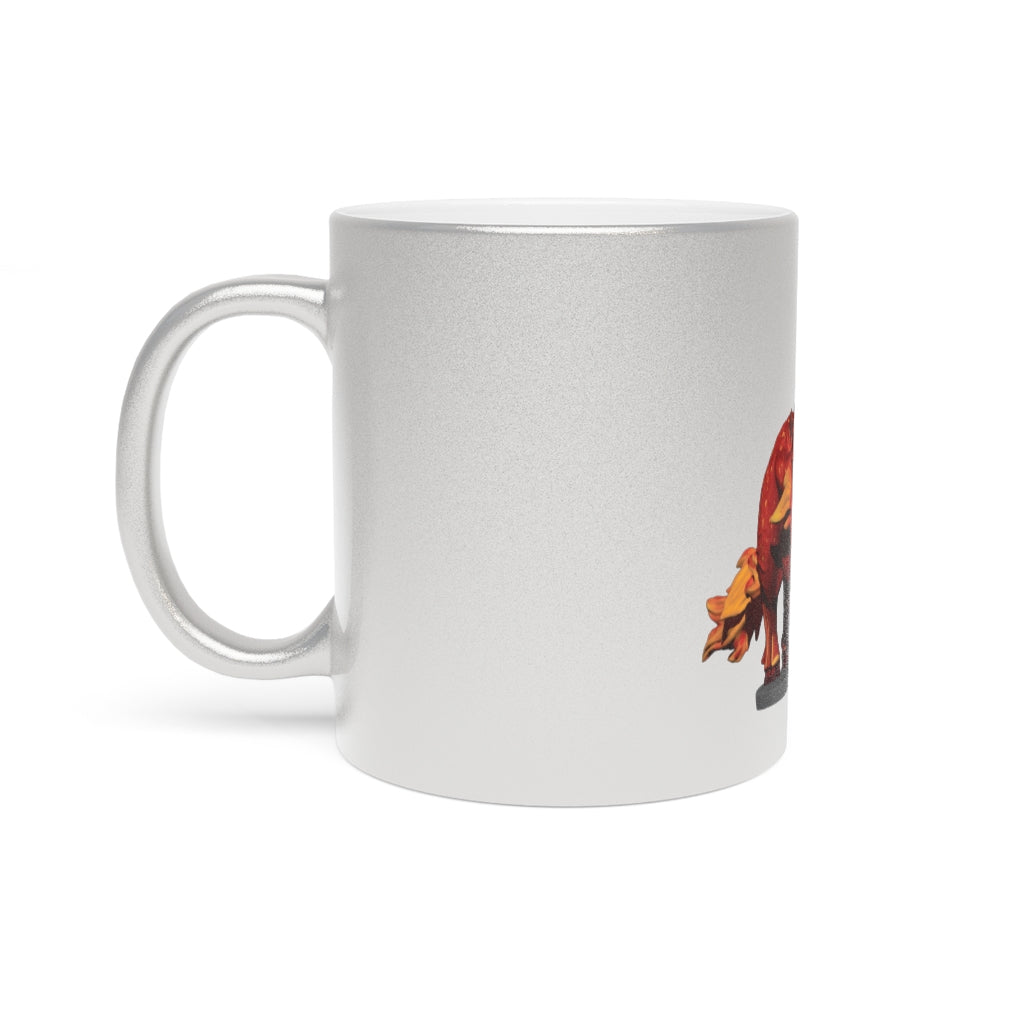 Fire Bull Metallic Mug in Silver and Gold finishes, showcasing a personalized design option.