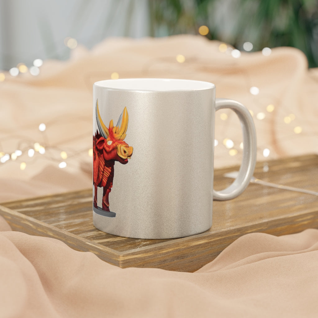 Fire Bull Metallic Mug in Silver and Gold finishes, showcasing a personalized design option.