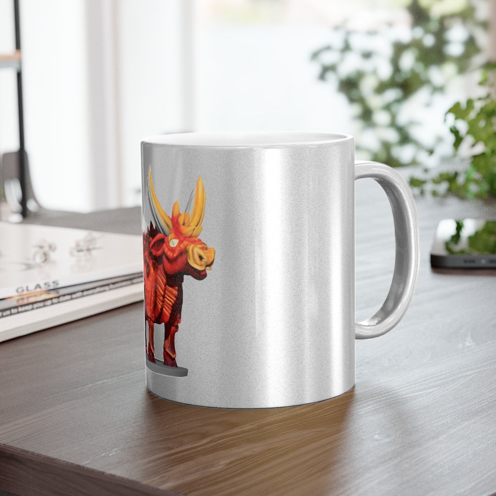 Fire Bull Metallic Mug in Silver and Gold finishes, showcasing a personalized design option.