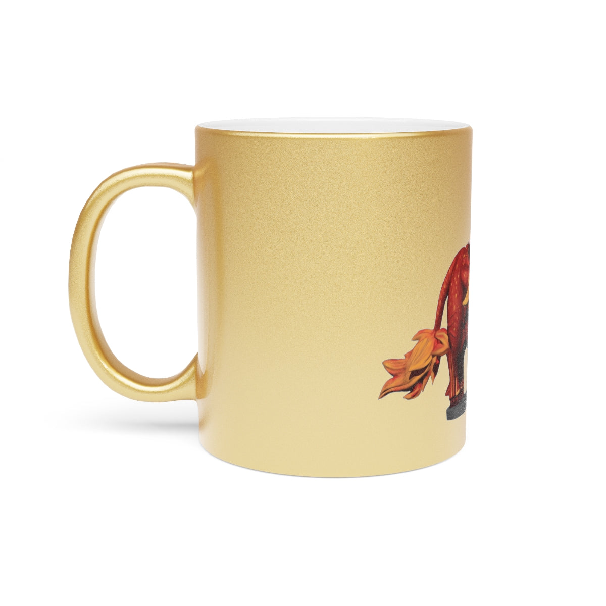 Fire Bull Metallic Mug in Silver and Gold finishes, showcasing personalized designs and a C-handle for easy grip.