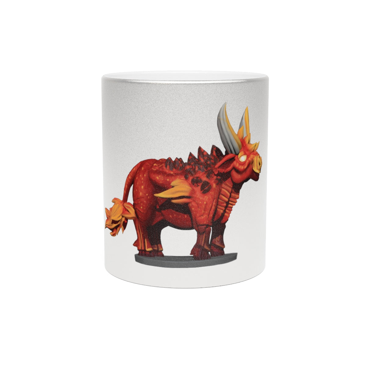 Fire Bull Metallic Mug in Silver and Gold finishes, showcasing personalized designs and a C-handle for easy grip.