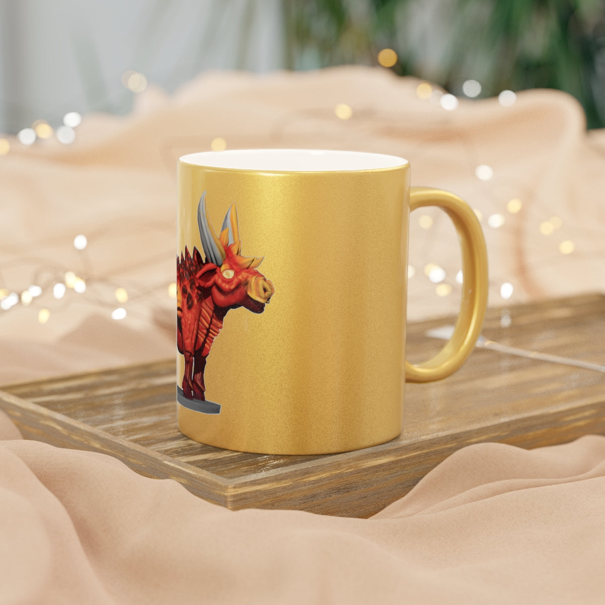 Fire Bull Metallic Mug in Silver and Gold finishes, showcasing personalized designs and a C-handle for easy grip.