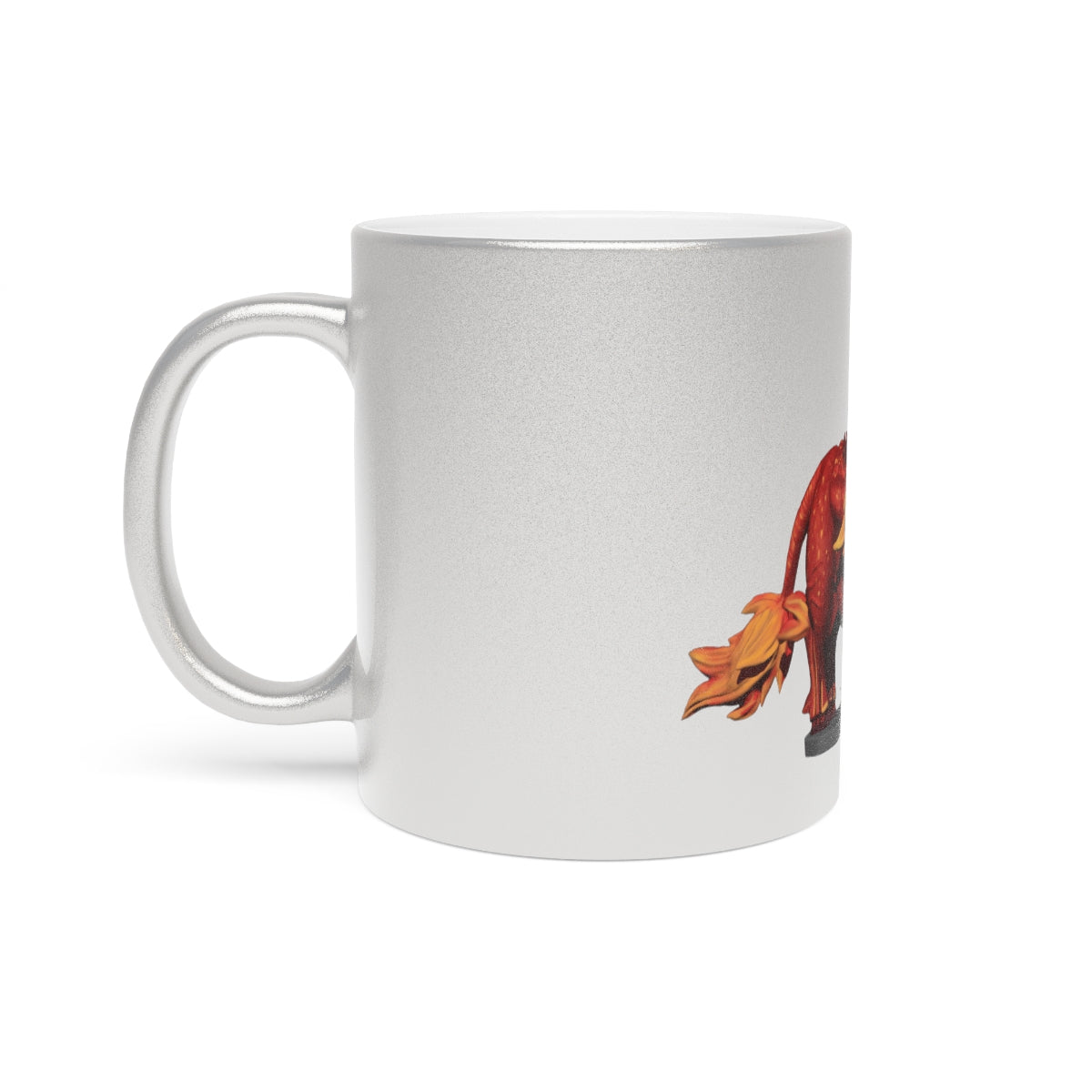 Fire Bull Metallic Mug in Silver and Gold finishes, showcasing personalized designs and a C-handle for easy grip.