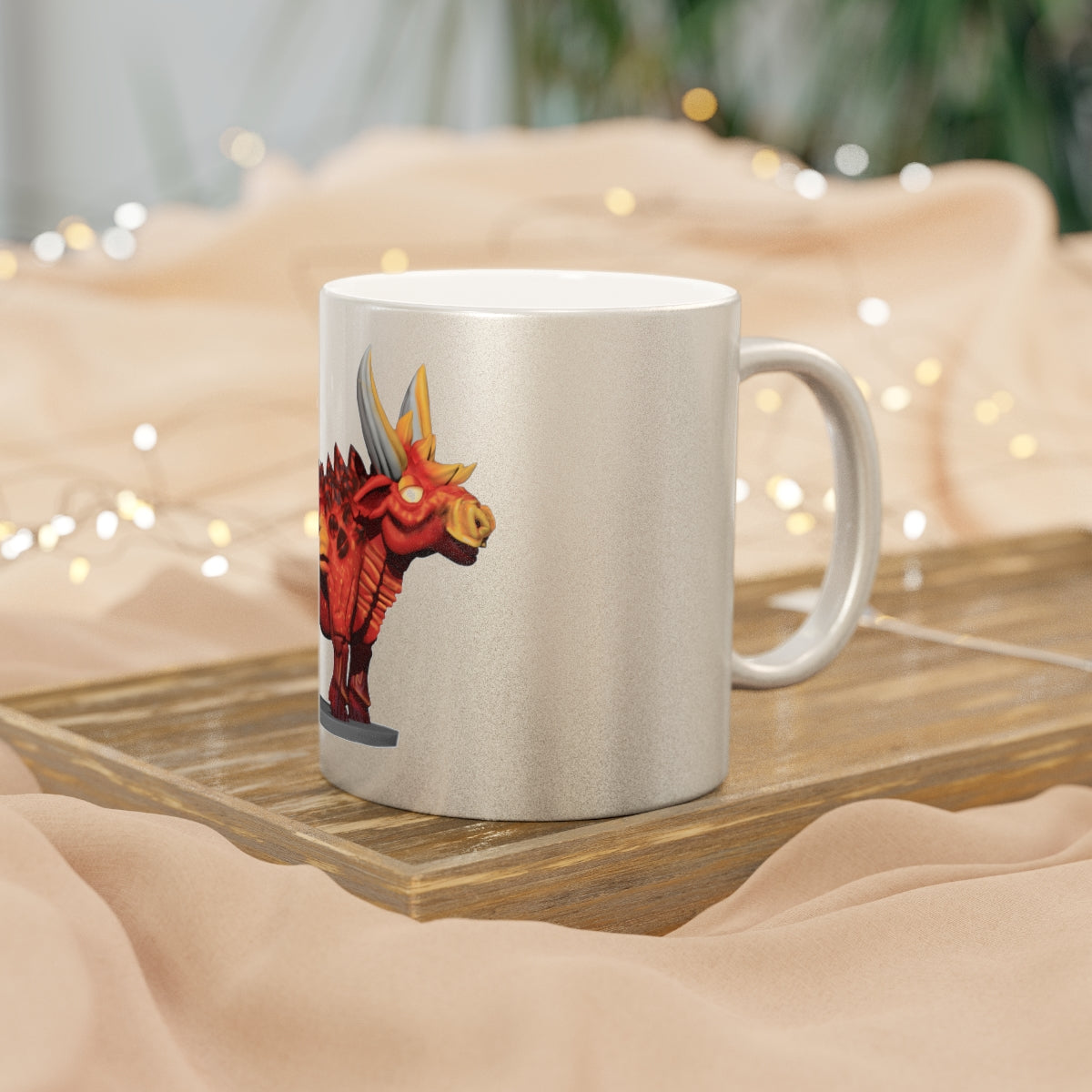 Fire Bull Metallic Mug in Silver and Gold finishes, showcasing personalized designs and a C-handle for easy grip.