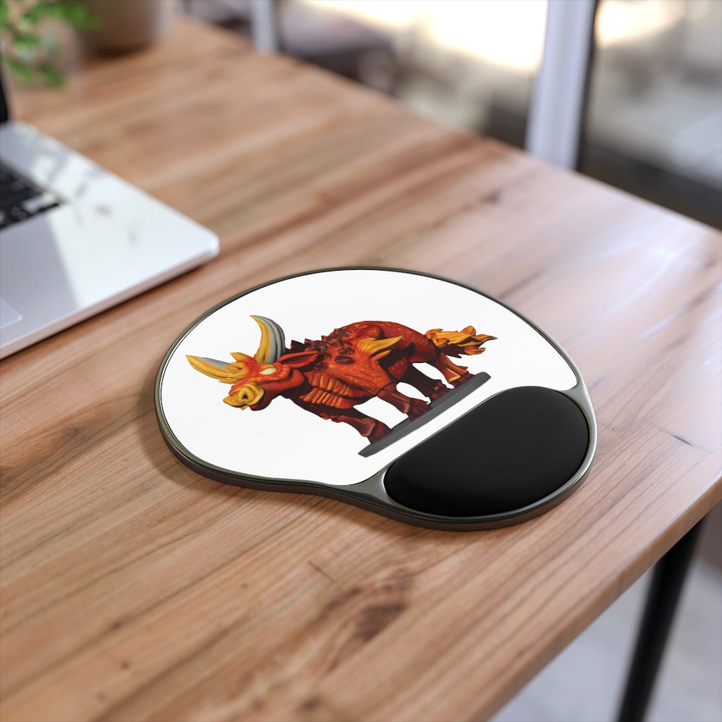 Fire Bull Mouse Pad featuring ergonomic Memory Foam wrist rest and custom-printed neoprene insert, designed for comfort and style.