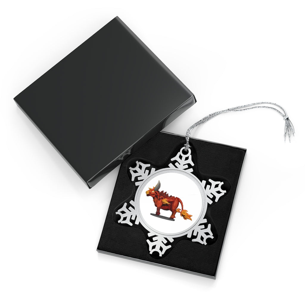 Fire Bull Pewter Snowflake Ornament with silver-toned hanging string, showcasing intricate snowflake design.