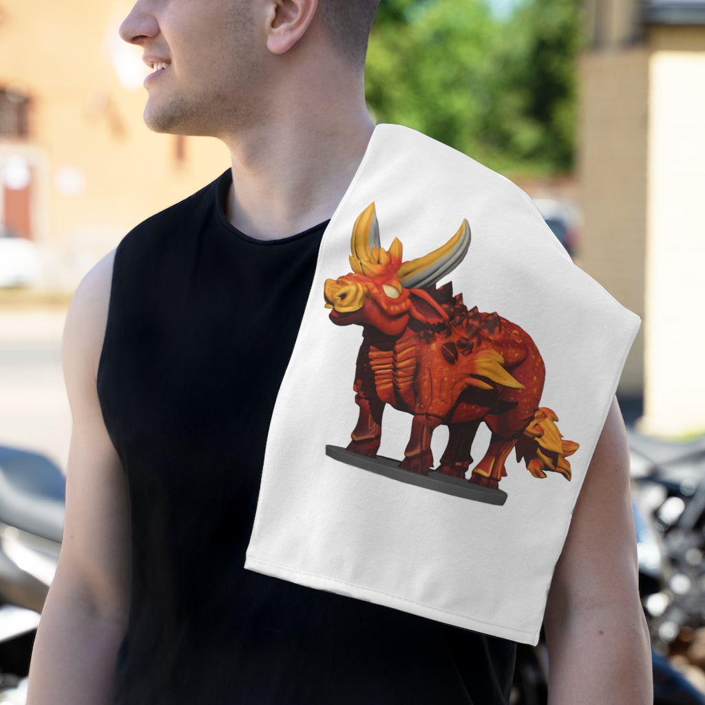 Fire Bull Rally Towel measuring 11x18 inches, featuring a soft polyester front and absorbent cotton backing, ideal for sports events.