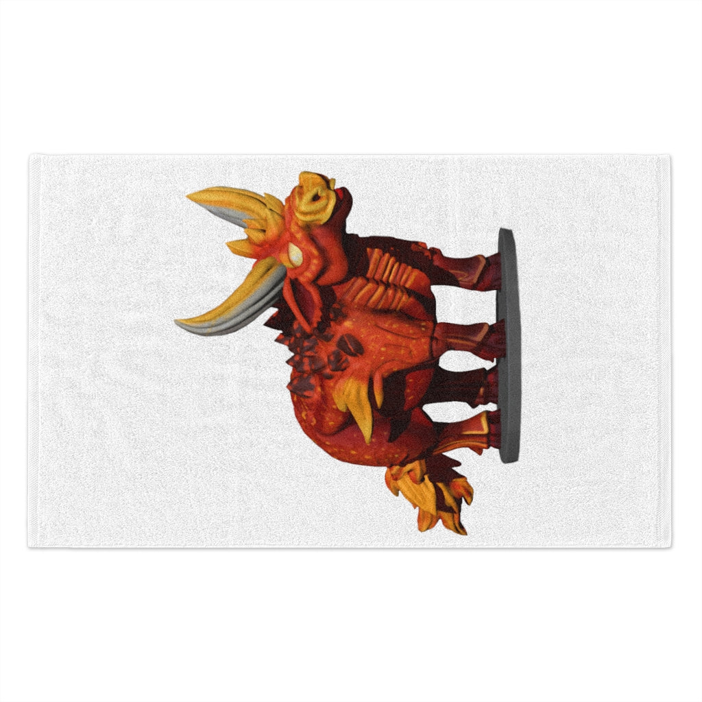 Fire Bull Rally Towel measuring 11x18 inches, featuring a soft cotton backing and a printed polyester front, ideal for sports and events.