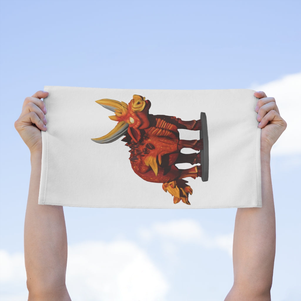 Fire Bull Rally Towel measuring 11x18 inches, featuring a soft cotton backing and a printed polyester front, ideal for sports and events.